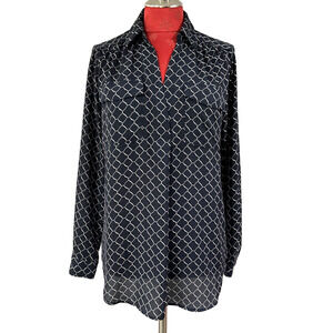 Ann Taylor Navy Blue & White Size S Geometric Print Long Sleeve Career Blouse